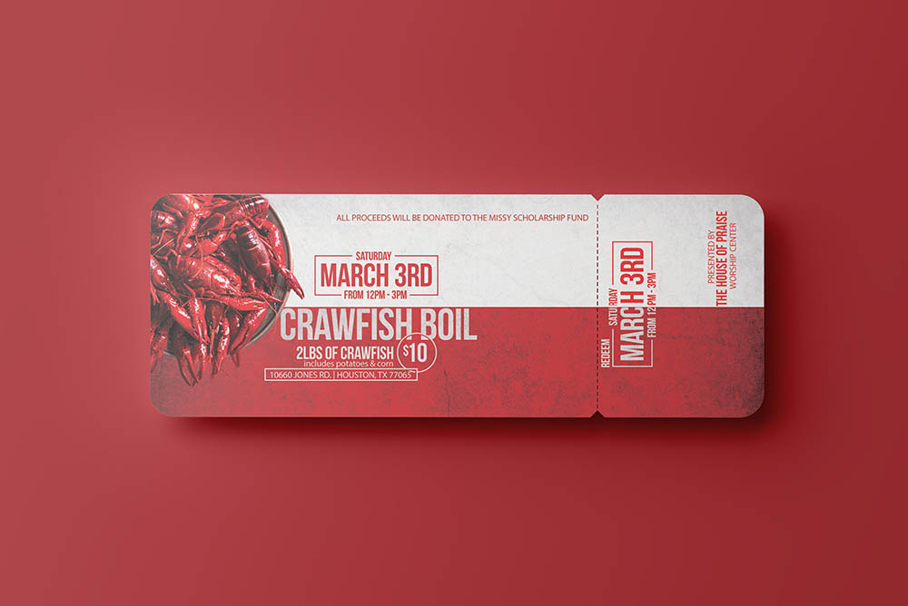 "an event ticket mockup for a Crawfish Boil"